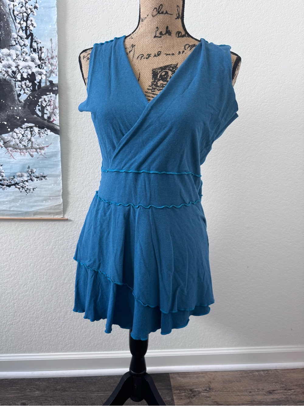 Yana Dee Organic Cotton Rowena Top Tiered Faux Wrap Tunic Blue M/L Maternity